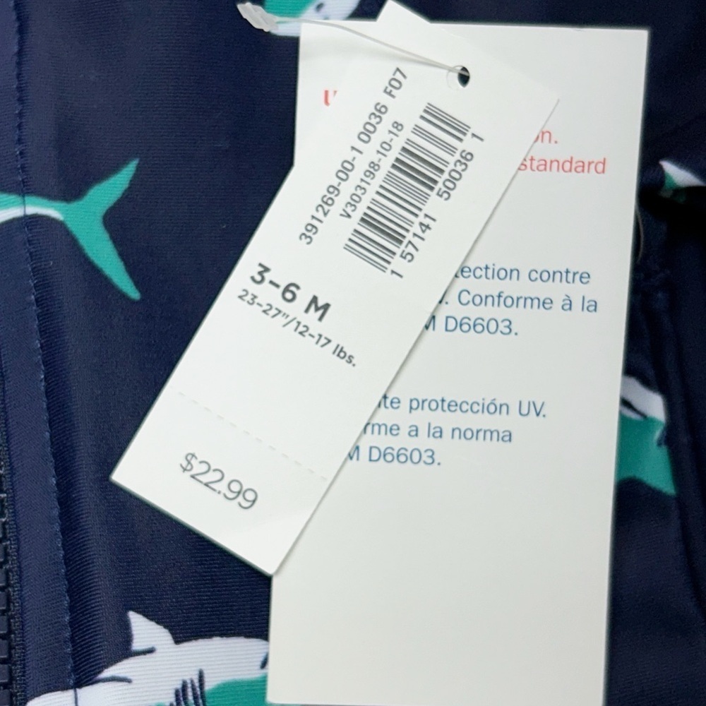 Old Navy Shark Swimsuit Zip Up One Piece Sz. 3-6m Navy Turquoise NWT - Picture 3 of 6